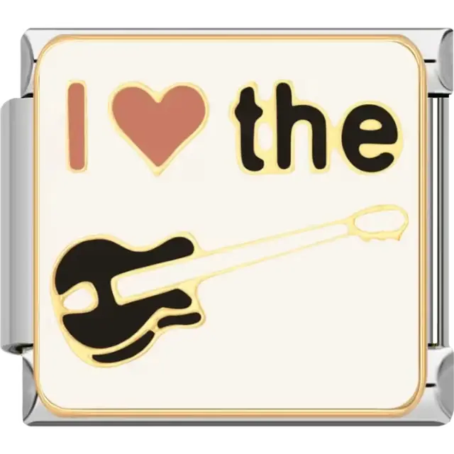 "I Love the Guitar" text with a red heart and black guitar design Italian charm bracelet link