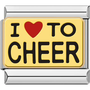 Gold "I ❤ TO CHEER" black text red heart Italian charm bracelet link