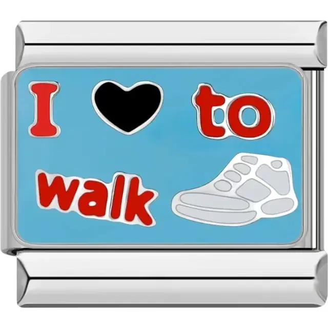 "I Love to Walk" text with a sneaker design on a blue background Italian charm bracelet link