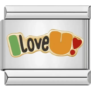 Gold "I Love U!" text with green, orange, and red accents Italian charm bracelet link