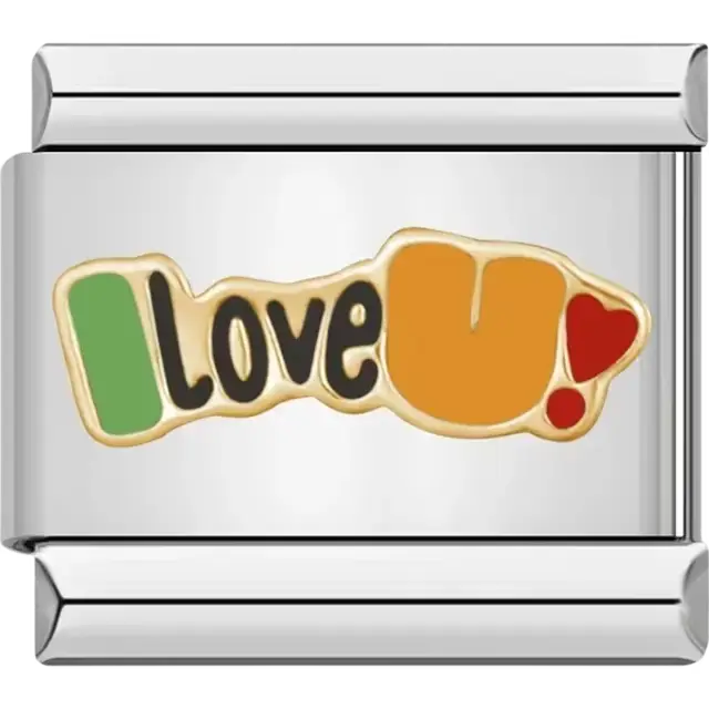 Gold "I Love U!" text with green, orange, and red accents Italian charm bracelet link
