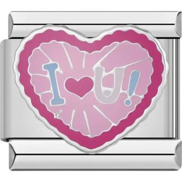 Heart with ‘I Love U!’ text in pink Italian charm bracelet link