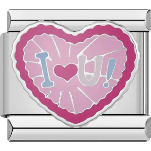 Heart with ‘I Love U!’ text in pink Italian charm bracelet link