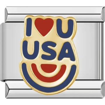 Gold charm with "I ❤️ U" and "USA" text in red and blue accents Italian charm bracelet link