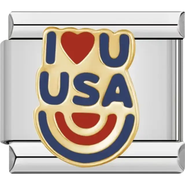 Gold charm with "I ❤️ U" and "USA" text in red and blue accents Italian charm bracelet link
