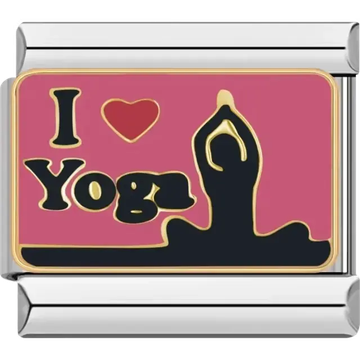 Pink background with "I ♥ Yoga" text and a black silhouette of a person in a yoga pose Italian charm bracelet link