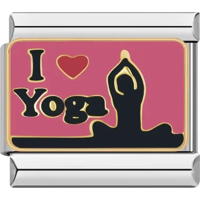 Pink background with "I ♥ Yoga" text and a black silhouette of a person in a yoga pose Italian charm bracelet link