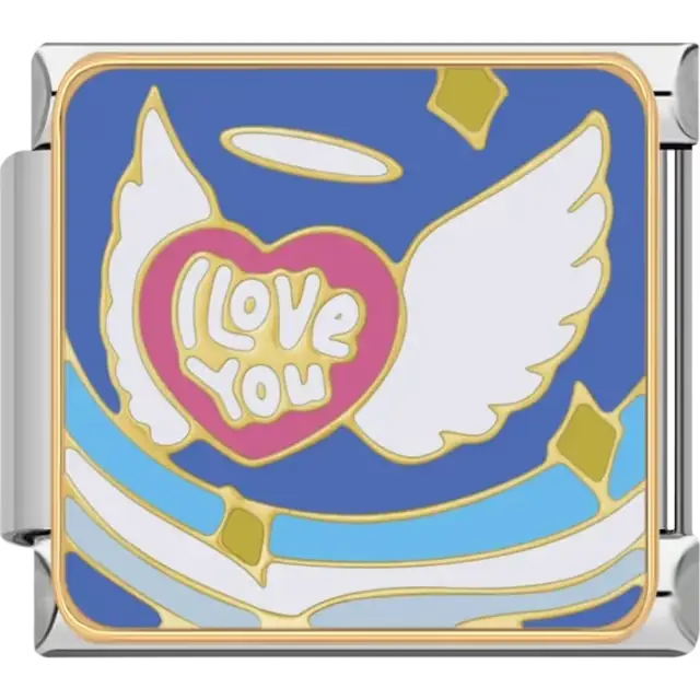 Pink heart with "I Love You" text, white angel wings, a halo, and a blue background Italian charm bracelet link