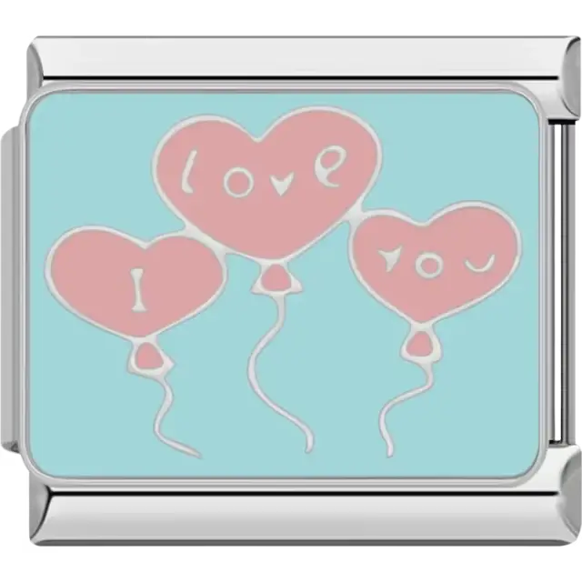 Three pink heart-shaped balloons with white "I Love You" text on a light blue background Italian charm bracelet link