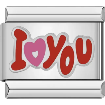 Red "I Love You" text with a pink heart replacing the word "Love" Italian charm bracelet link