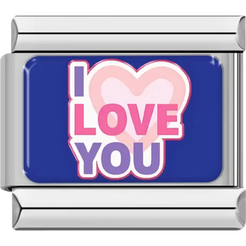 Pink and white heart with the words "I Love You" in pink and purple on blue background Italian charm bracelet link