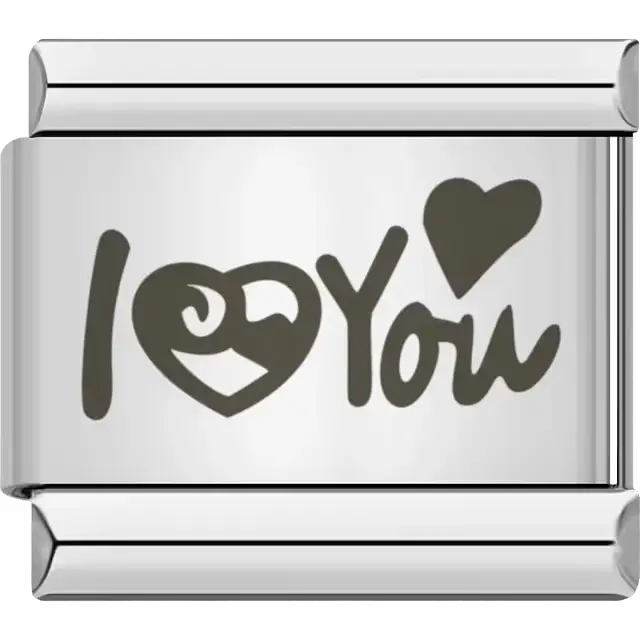 Black stylized text with heart symbols spelling "I ♥ You" Italian charm bracelet link