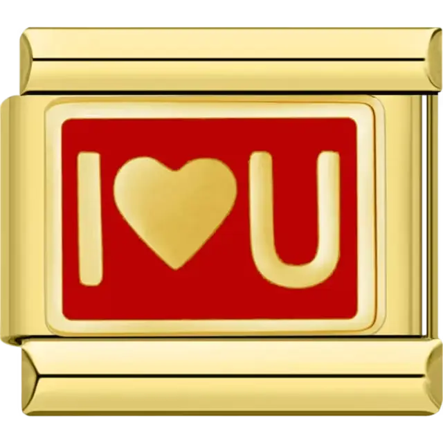 Red charm with “I ♥ U” text in gold Italian charm bracelet link