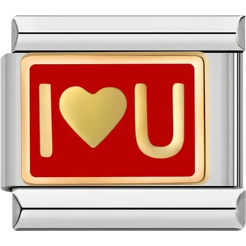 Red charm with “I ♥ U” text in gold Italian charm bracelet link