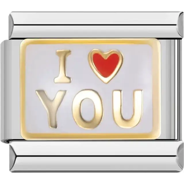 "I Love You" text with a red heart and gold lettering Italian charm bracelet link