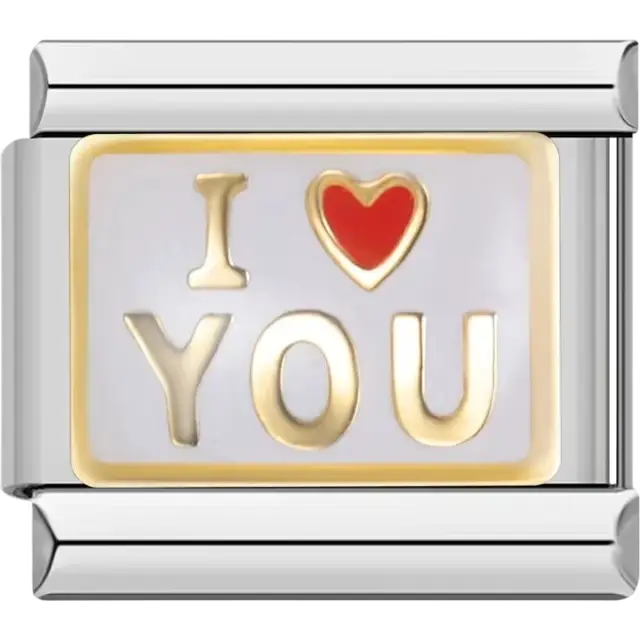 "I Love You" text with a red heart and gold lettering Italian charm bracelet link
