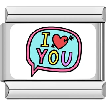 Multicolor "I Love You" text with a red heart and arrow inside a blue speech bubble Italian charm bracelet link