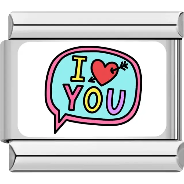 Multicolor "I Love You" text with a red heart and arrow inside a blue speech bubble Italian charm bracelet link