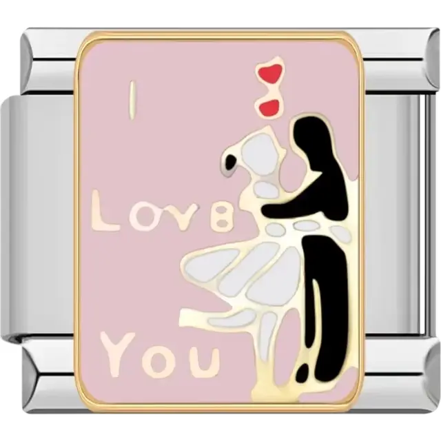Silhouette of a couple dancing with "I Love You" text and a red heart on a pink background Italian charm bracelet link