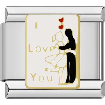 Couple embracing with “I Love You” text and red hearts Italian charm bracelet link