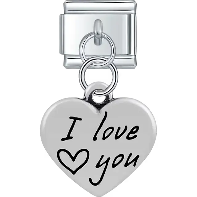 Heart with "I love you" text heart symbol dangle Italian charm bracelet link