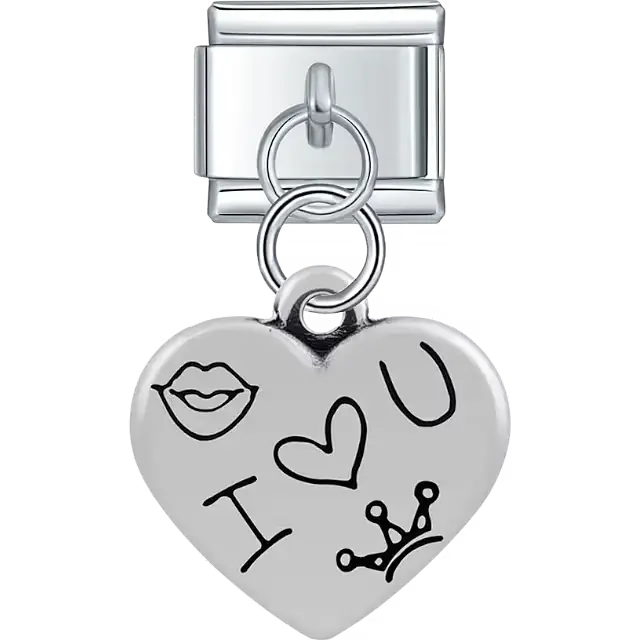 Heart with lips "I love you" text crown symbol dangle Italian charm bracelet link