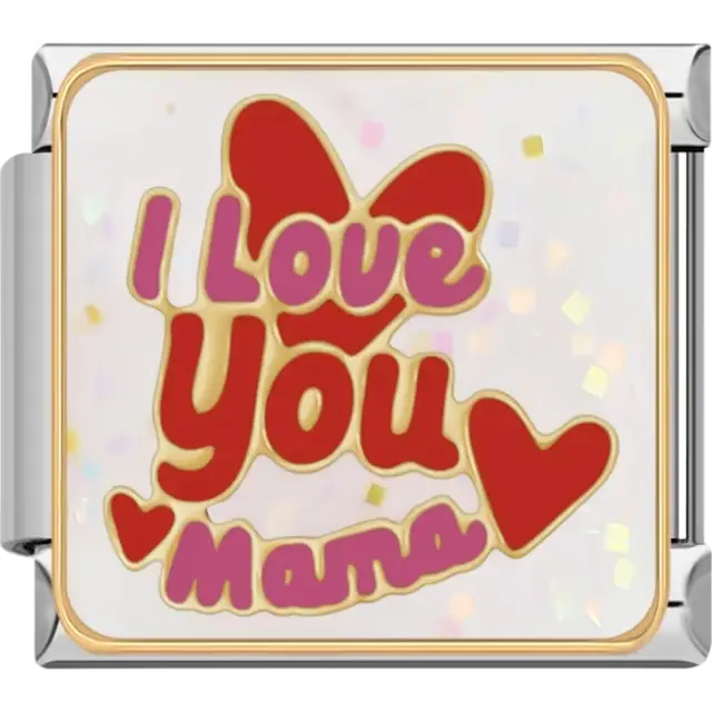 Red and pink "I Love You Mama" text with heart design Italian charm bracelet link