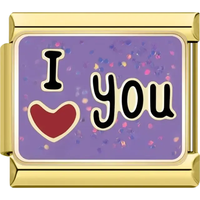 Purple background with “I Love You” text and red heart Italian charm bracelet link