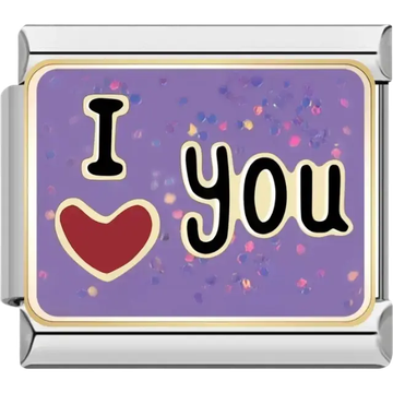Purple background with “I Love You” text and red heart Italian charm bracelet link
