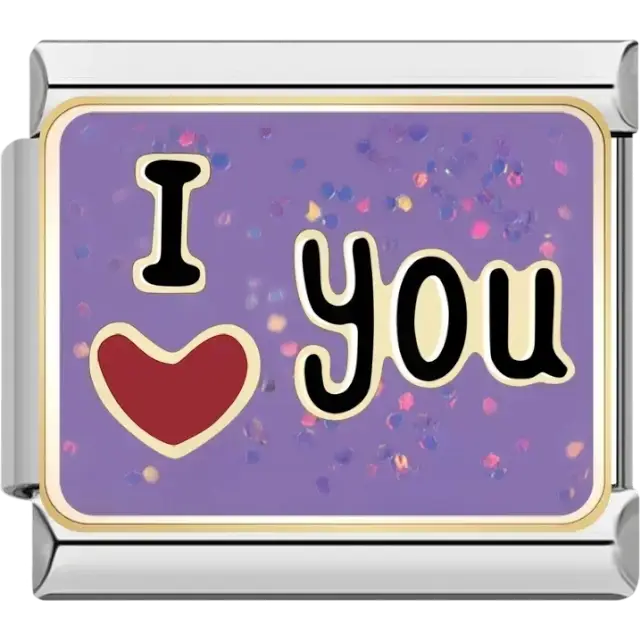 Purple background with “I Love You” text and red heart Italian charm bracelet link