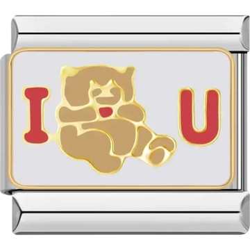 Gold teddy bear with red "I ♥ U" text on a white background Italian charm bracelet link