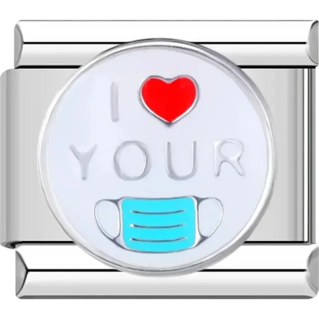Round charm with red heart, “I Love Your” text, and blue face mask Italian charm bracelet link