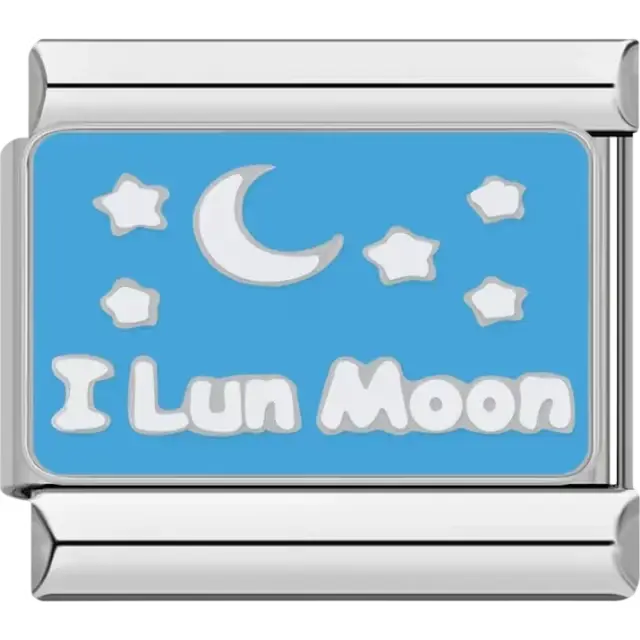 Blue charm with a crescent moon, stars, and playful I Lun Moon text Italian charm bracelet link