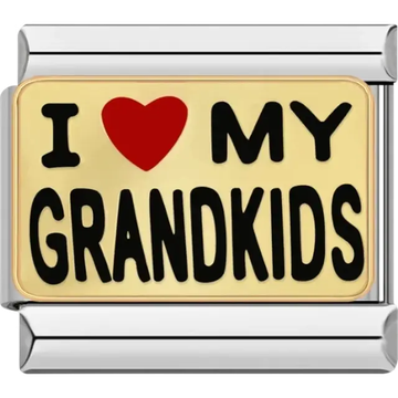 “I ♥ My Grandkids” bold black text with red heart on gold background Italian charm bracelet link