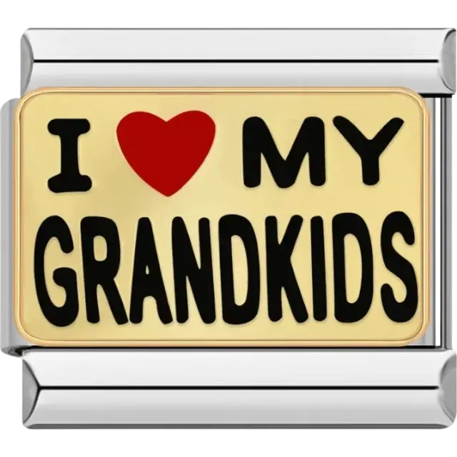 “I ♥ My Grandkids” bold black text with red heart on gold background Italian charm bracelet link