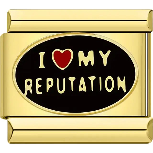 Black oval charm with “I ❤️ My Reputation” text in yellow Italian charm bracelet link