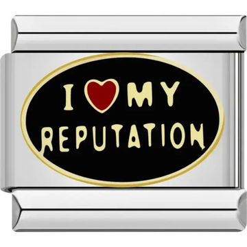 Black oval charm with “I ❤️ My Reputation” text in yellow Italian charm bracelet link