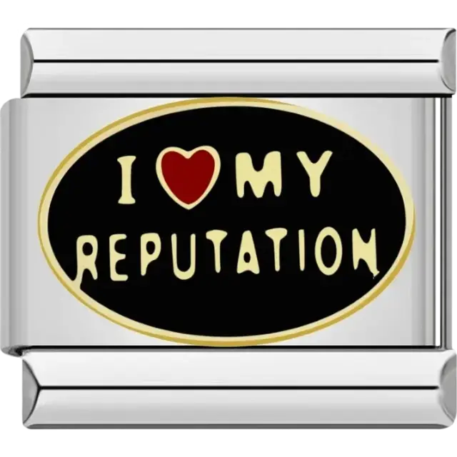 Black oval charm with “I ❤️ My Reputation” text in yellow Italian charm bracelet link