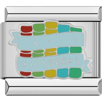 Colorful stack of books with a blue ribbon that reads "I Read Past My Bedtime" Italian charm bracelet link