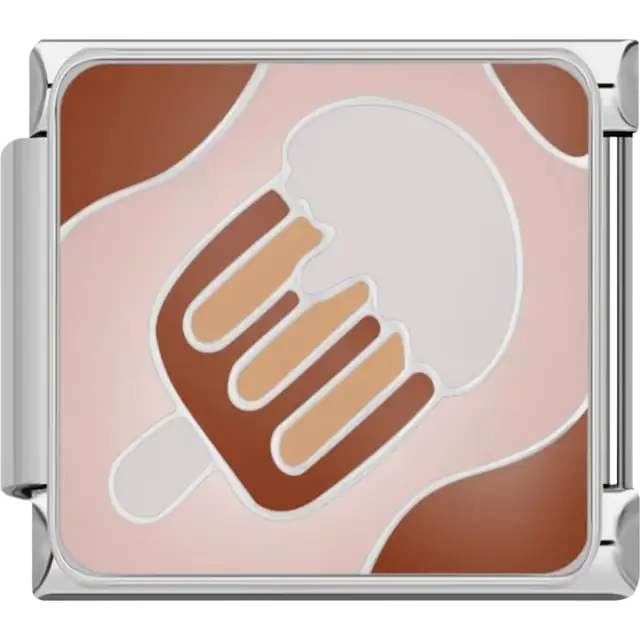 Brown and beige ice cream bar with a white chocolate top on a pink background Italian charm bracelet link