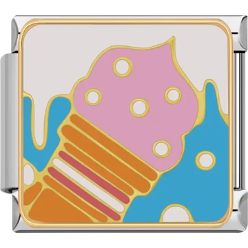 Colorful ice cream cone with pink, orange, and blue details framed by gold outlines Italian charm bracelet link