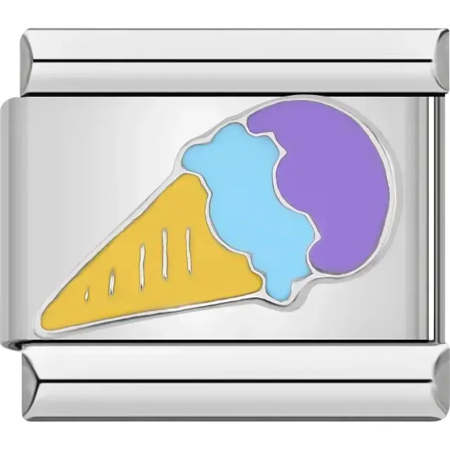 Ice cream cone with blue and purple scoops Italian charm bracelet link