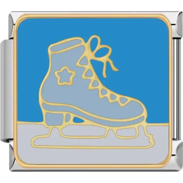 Ice skating boot with gold star and laces on blue background Italian charm bracelet link