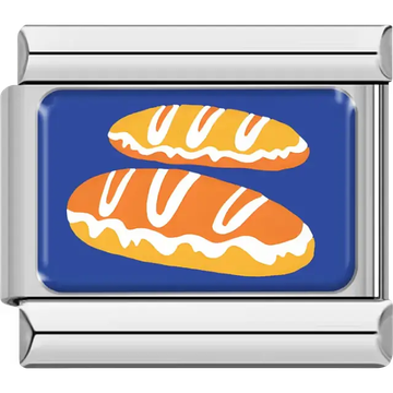 Two iced pieces of bread with white frosting on blue background Italian charm bracelet link