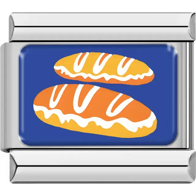 Two iced pieces of bread with white frosting on blue background Italian charm bracelet link
