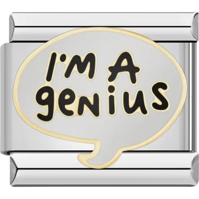 Speech bubble design with black "I'm a Genius" text and gold outline Italian charm bracelet link