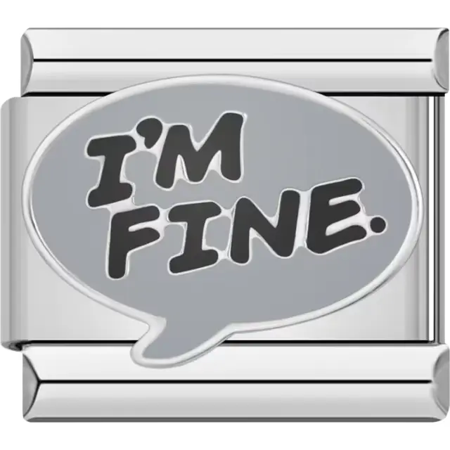 Grey speech bubble with black "I'm Fine" text and silver outline Italian charm bracelet link