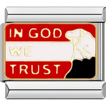 “In God We Trust” text with red and white background and praying hands Italian charm bracelet link
