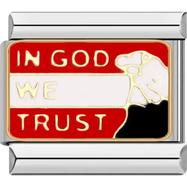 “In God We Trust” text with red and white background and praying hands Italian charm bracelet link