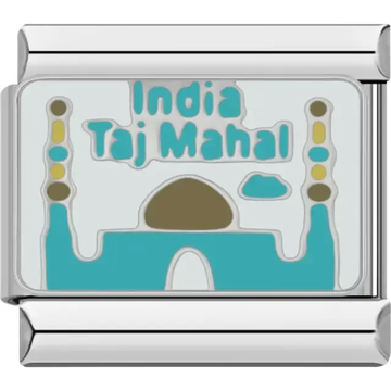 Light blue Taj Mahal with gold and white details and India Taj Mahal text Italian charm bracelet link